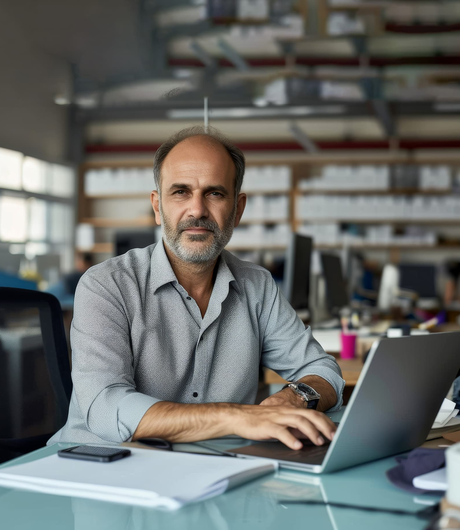 Man zit aan een bureau met een laptop